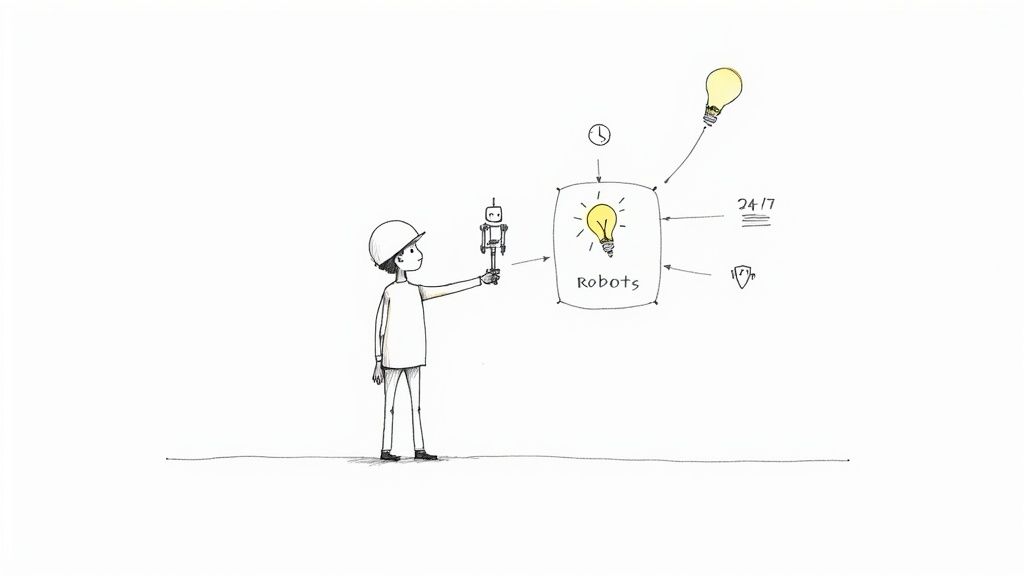 A cartoon person with a hard hat holds a robot, connecting to a diagram about robotic innovation.