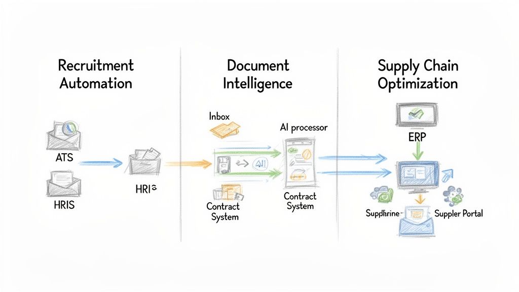 Diagram illustrating API integration across recruitment, document intelligence, and supply chain optimization processes.