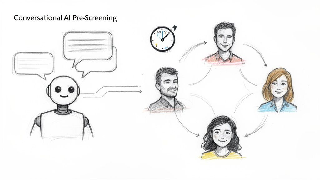 Conversational AI robot interacts with multiple diverse job candidates for efficient pre-screening, indicated by a stopwatch.