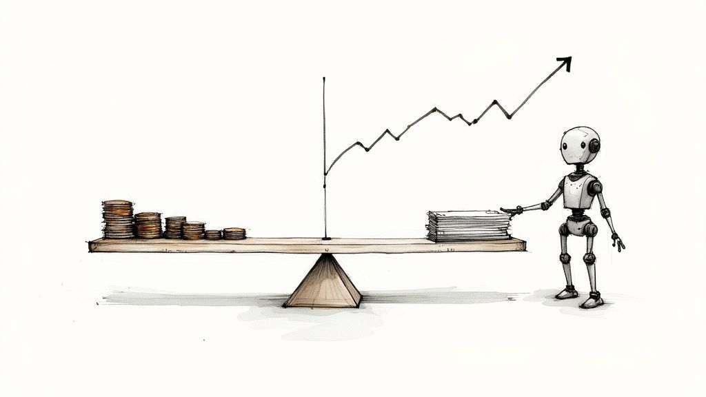 A robot next to a balance scale, showing coins balanced with documents and an upward trend.