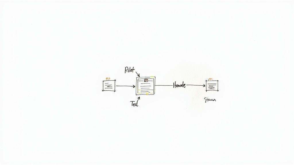 A person at a desk sketching out a workflow on a tablet, with connected application icons floating around it.