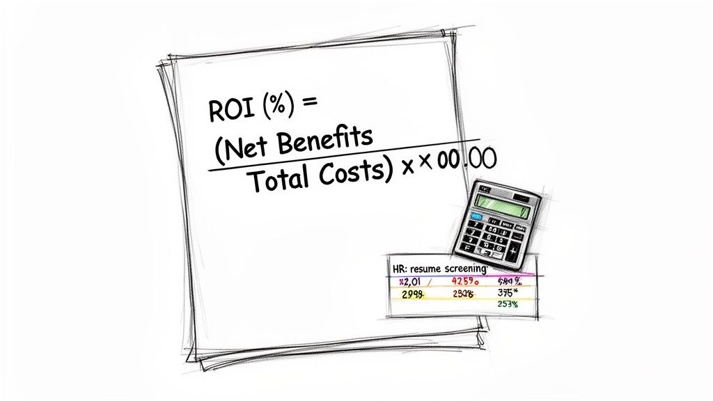 A whiteboard sketch displaying the ROI formula, a calculator, and HR resume screening metrics.