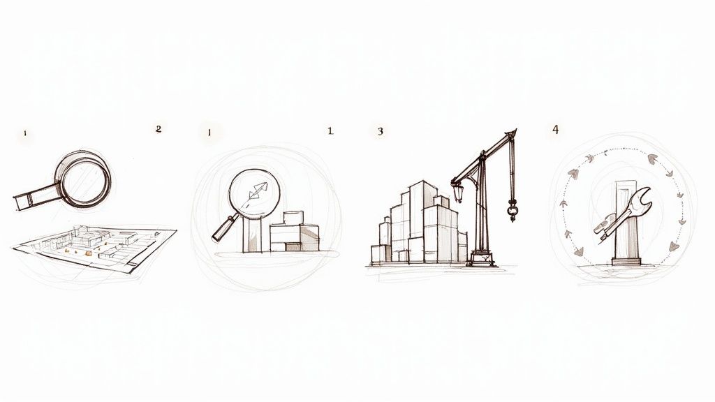 Four step process: site analysis, progress monitoring, construction development, and system maintenance.
