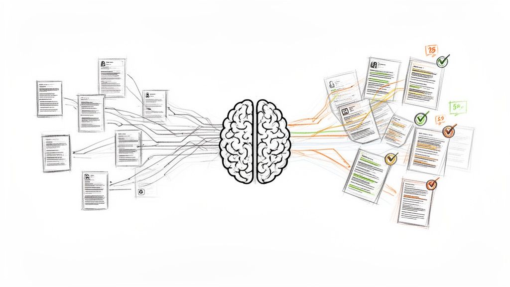 A central brain processing and evaluating multiple application documents with colored highlights and checkmarks.