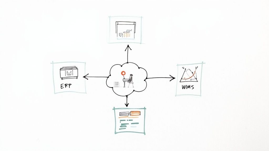 A diagram illustrates a central cloud connecting ERP, WMS, and other business systems for integrated data flow.