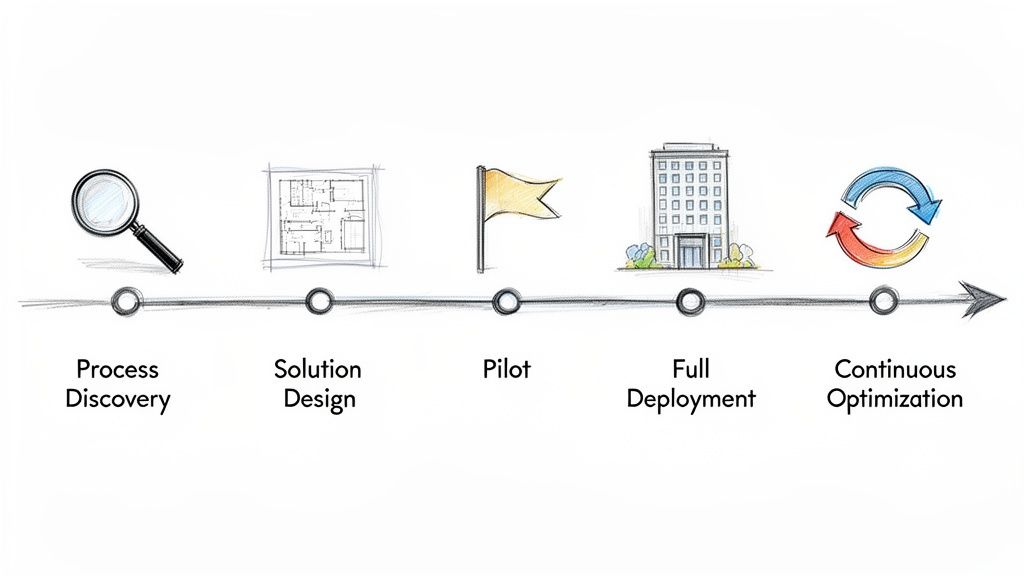A visual timeline outlining 5 stages: Process Discovery, Solution Design, Pilot, Full Deployment, and Continuous Optimization.