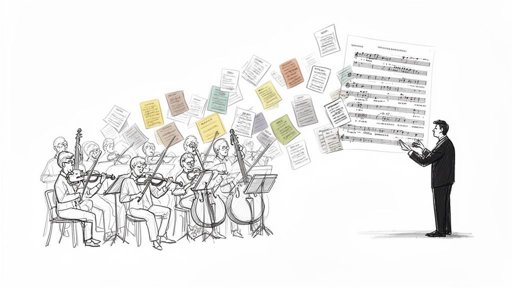 An orchestra plays instruments, with musical notes and colorful sticky notes flowing towards a conductor.