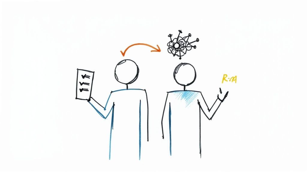 Two stick figures illustrate task delegation where clear instructions become a complex problem for the receiver.