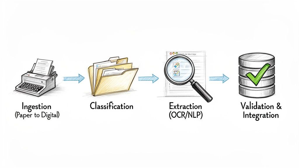 A visual representation of intelligent document processing steps, including scanning, classification, extraction, and validation.