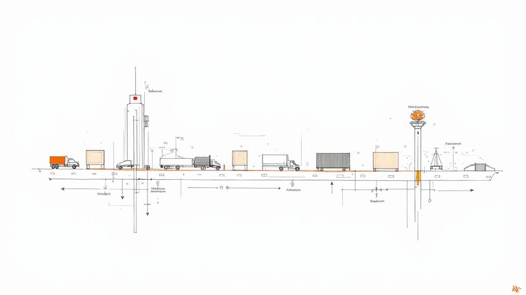 Schematic drawing illustrating a logistics and transportation system with vehicles, structures, and flow.