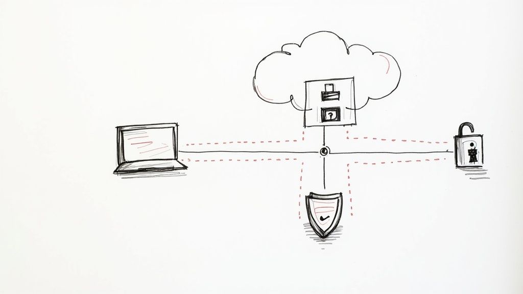 A person working at a computer with glowing lines representing data flow and system integration.