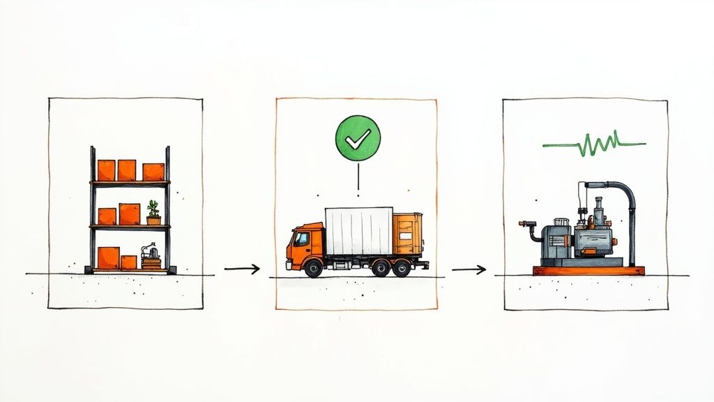 Illustration showing a supply chain from warehouse storage, successful truck delivery, to industrial machine operation.