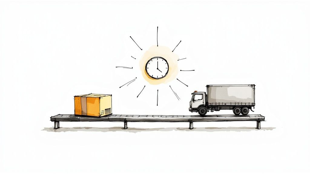 Watercolor illustration of package and truck on conveyor belt with clock showing timely delivery