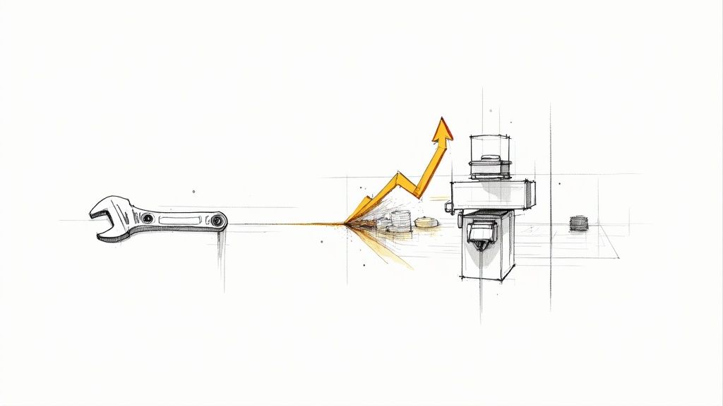 Sketch of a wrench leading to an upward arrow, coins, and a machine, symbolizing growth.