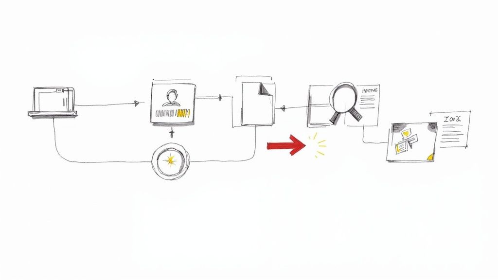 Hand-drawn process flow from laptop input, through data processing and analysis, to derived information.