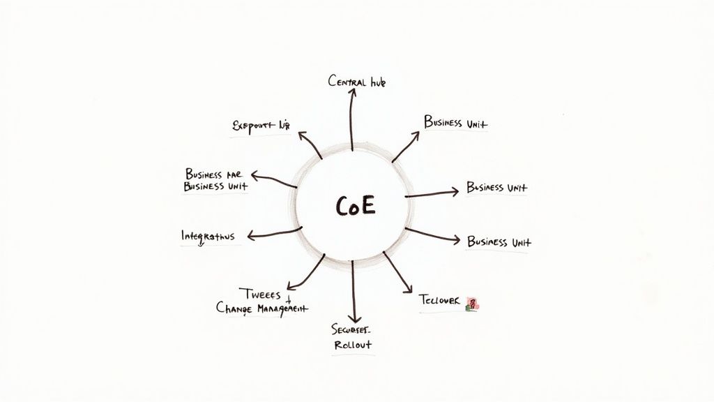 A network of interconnected nodes and gears, representing the scaling of automation across a business.