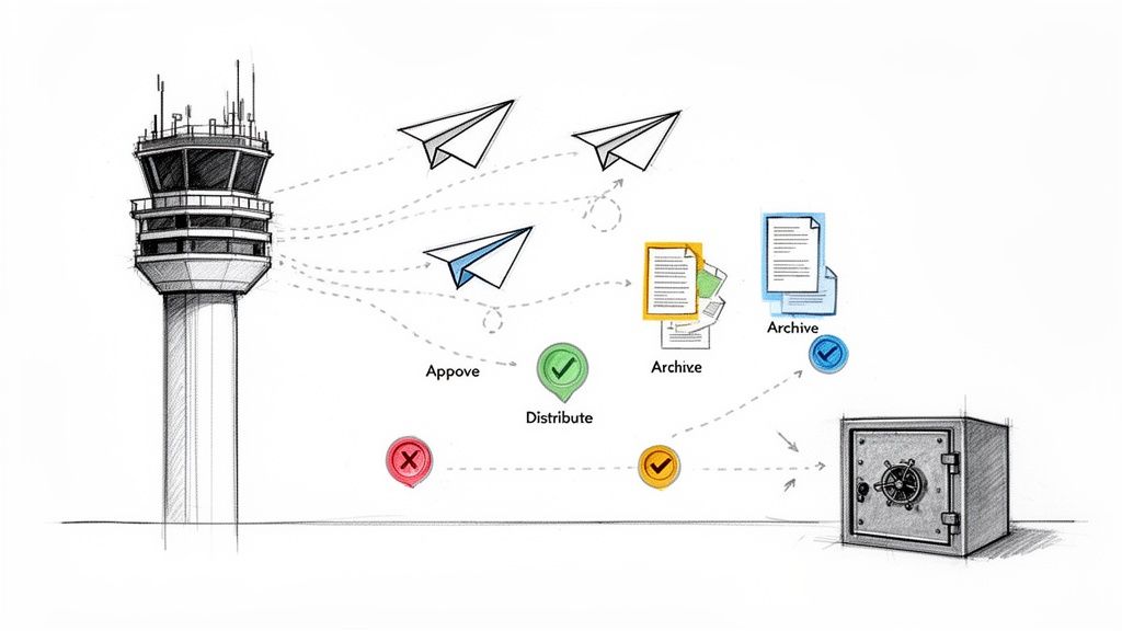 Sketch of document control process: air traffic control tower sending documents through approval, distribution, and secure archiving in a safe.