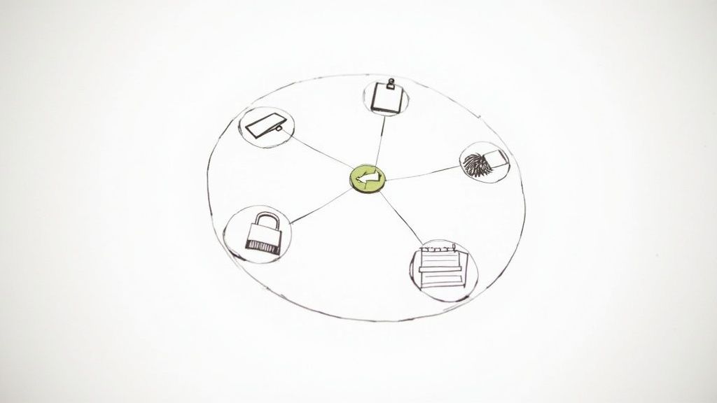Network diagram showing document management system connecting various devices and security features through central hub