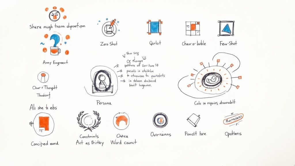 Hand-drawn diagrams illustrate various AI and prompt engineering concepts like Zero-Shot and Persona.
