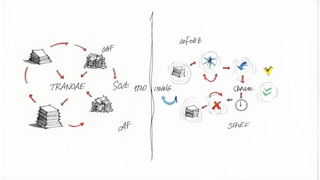 Diagram comparing traditional manual procurement workflow with automated digital procurement process using icons