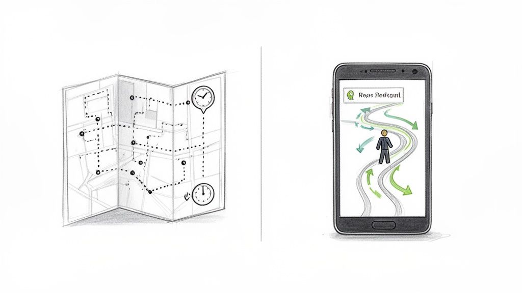A side-by-side comparison of a paper map with a dotted route and a smartphone showing dynamic path guidance.