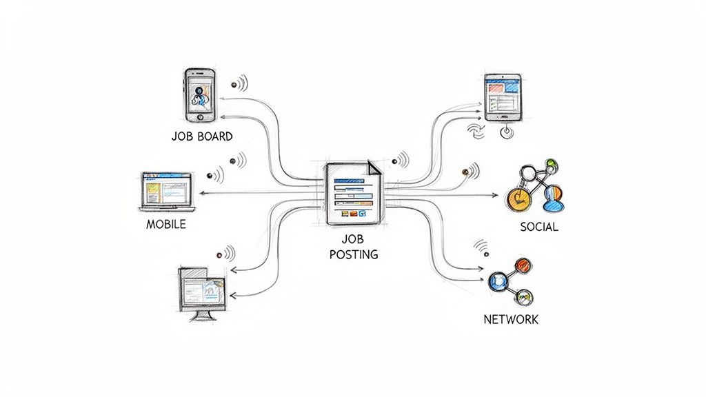 Diagram showing a job posting distributed across job boards, mobile devices, social media, and professional networks.