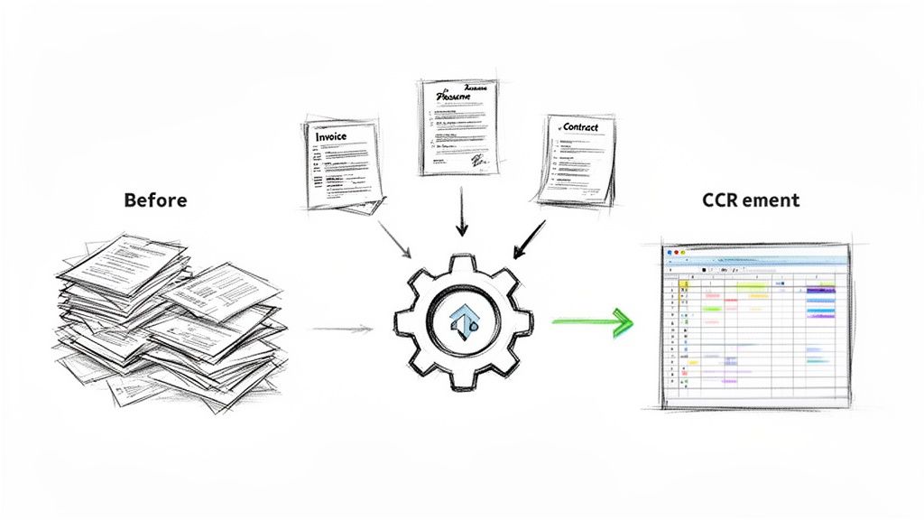 Before and after diagram showing stacks of paper digitized into an organized data spreadsheet using OCR.