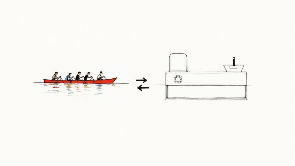 A drawing depicts a rowing team in a boat, with double arrows pointing to a modern machine, symbolizing automation.