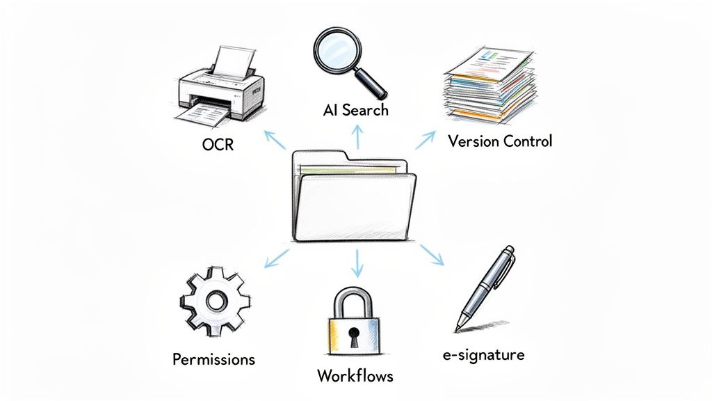 Diagram showing a central folder connecting to OCR, AI search, version control, e-signature, workflows, and permissions, illustrating comprehensive document management features.