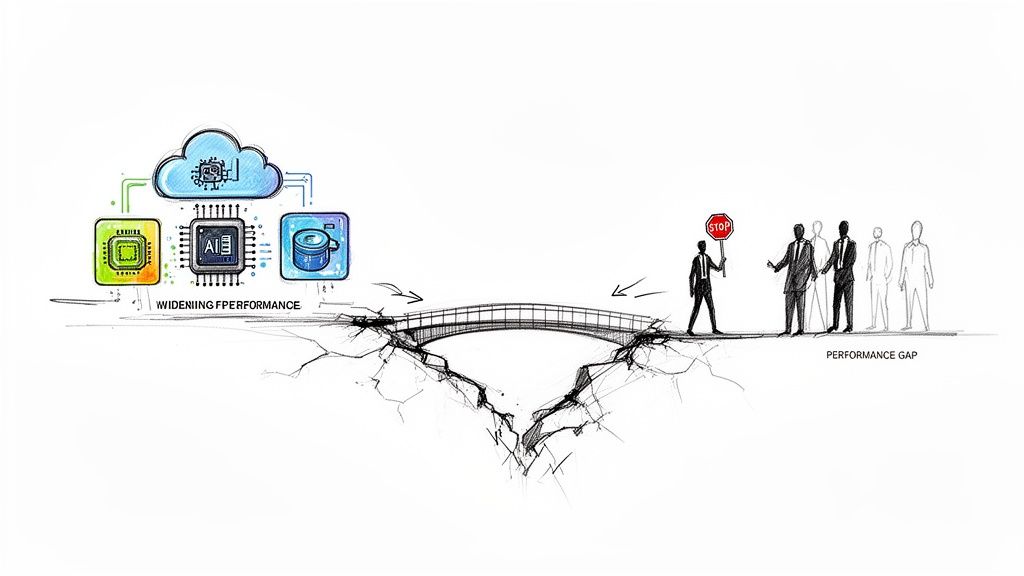A conceptual diagram showing a bridge over a chasm, connecting widening technology performance to a performance gap with people.