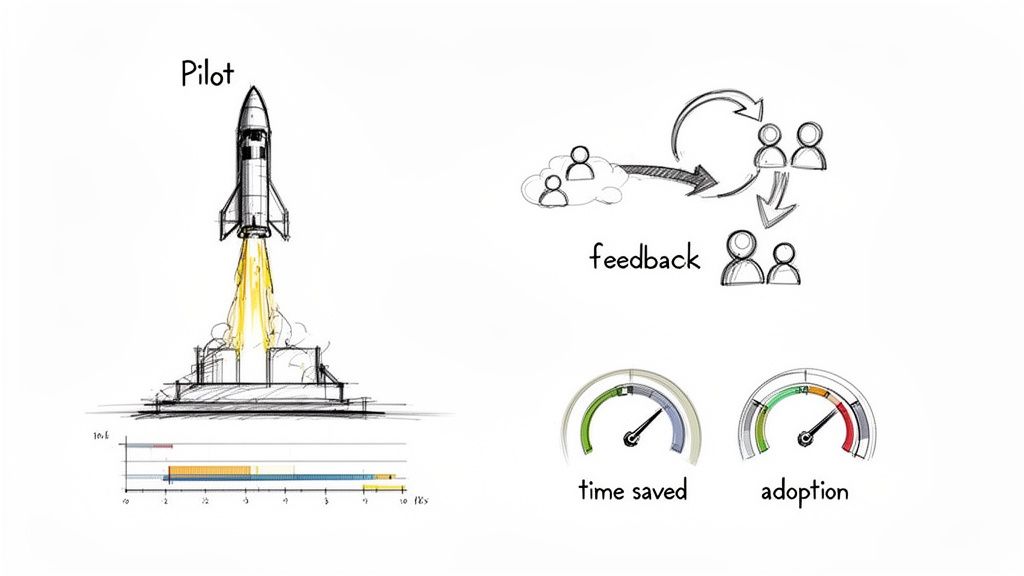 Diagram illustrating a pilot program launch, feedback loop, time saved, and adoption metrics.