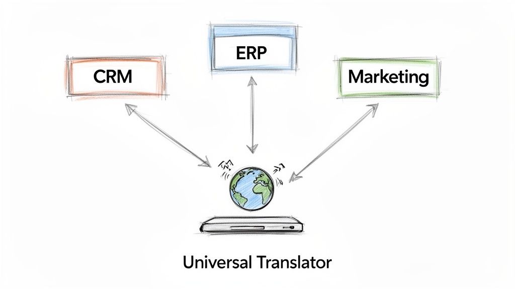 Diagram showing CRM, ERP, and Marketing systems integrating through a universal translator.
