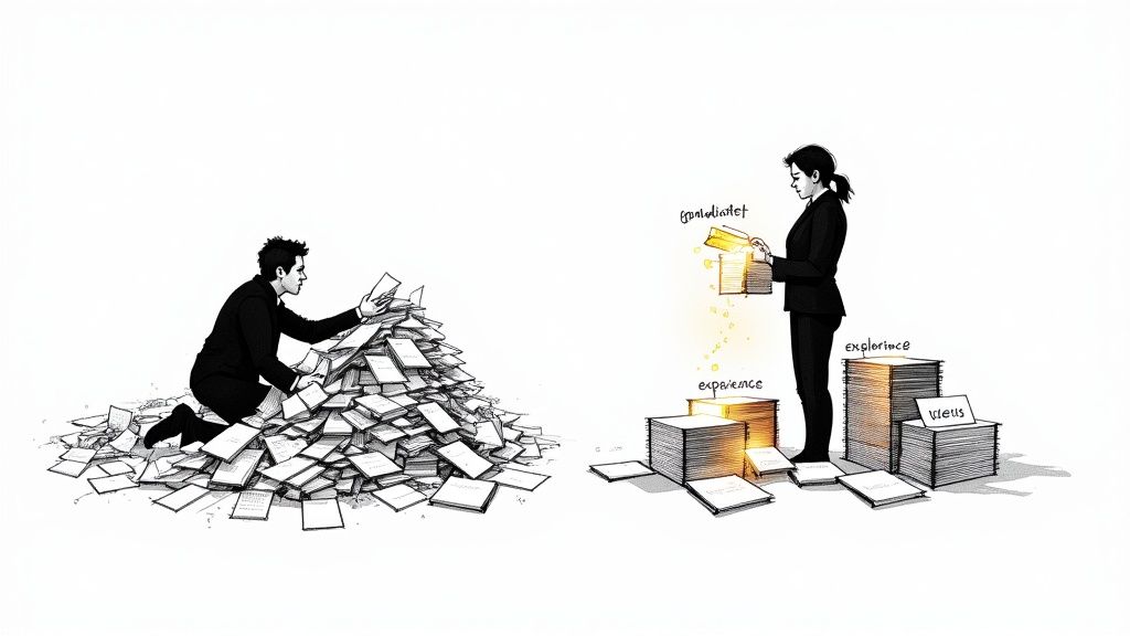 A recruiter looking at a screen with candidate profiles, illustrating the concept of automated resume screening.