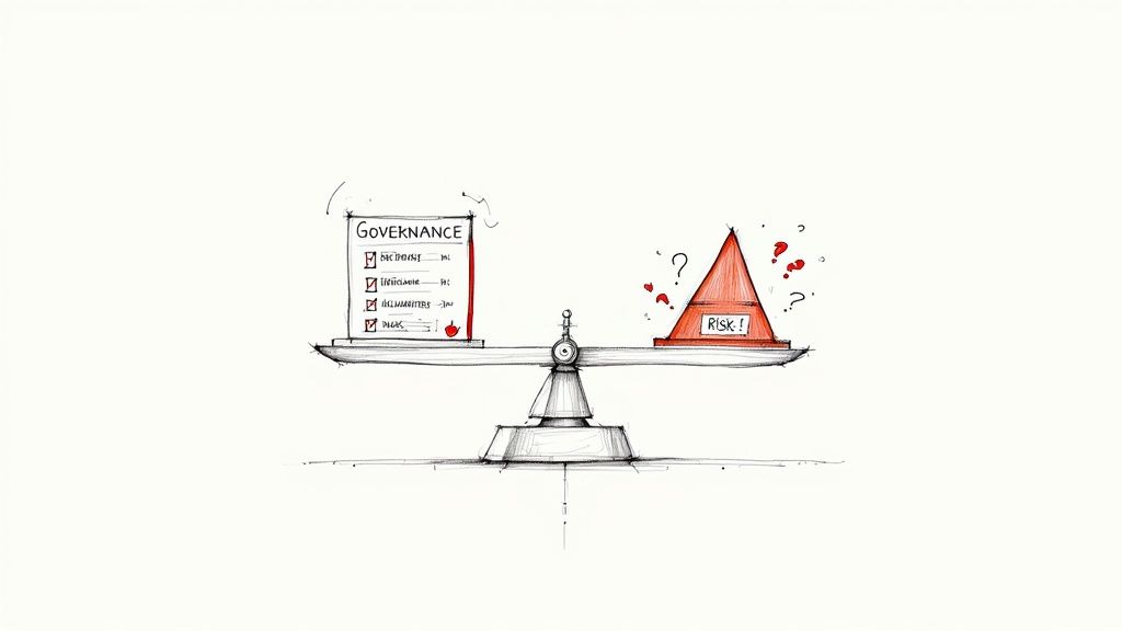 A hand-drawn balance scale showing a governance checklist on one side and a risk cone on the other.
