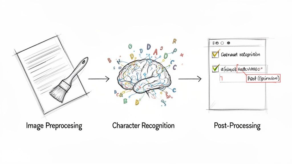 Diagram illustrating the three-stage Optical Character Recognition (OCR) process: image preprocessing, character recognition, and post-processing.