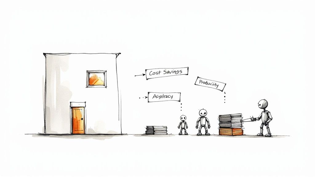 An illustration of robots handling documents, representing cost savings, agility, and productivity benefits.