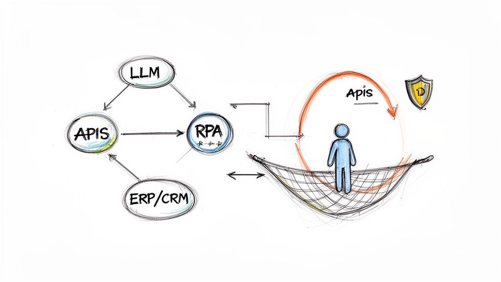 Diagram showing an intelligent workflow system with LLM, APIs, RPA, and ERP/CRM components interacting securely with a human.