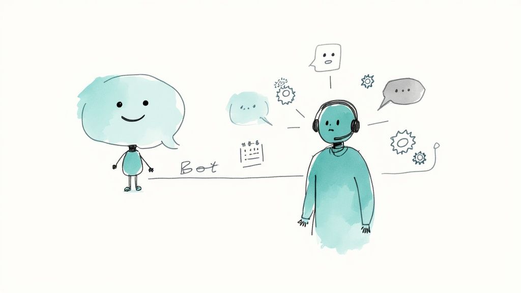 A cheerful chatbot interacts with a customer service agent, surrounded by thought bubbles and gears.