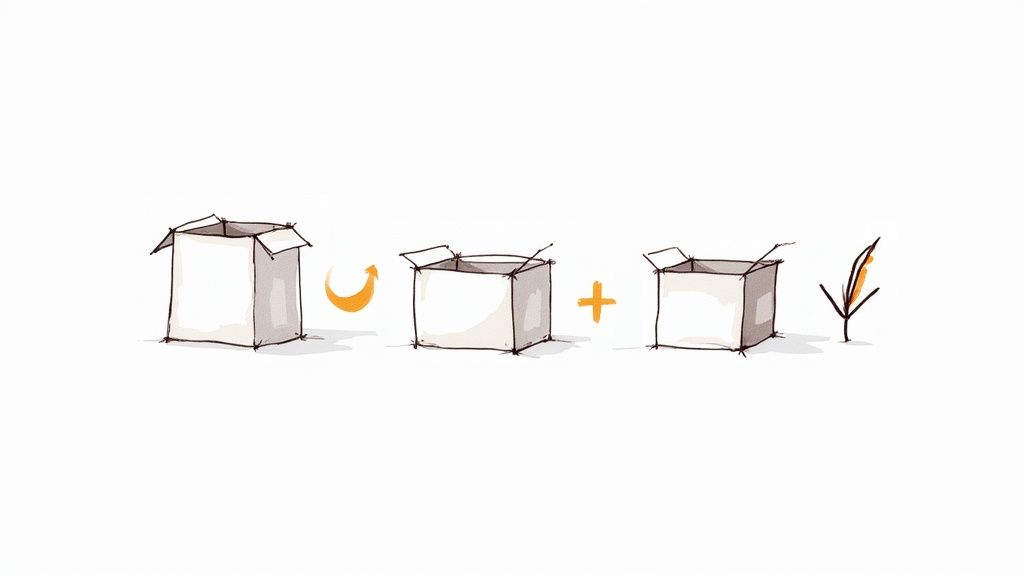 A visual representation shows three sketch-style boxes, illustrating packaging optimization or transformation, ending with a quill.