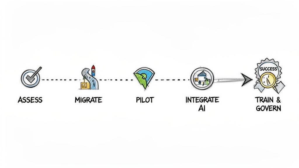 A five-step process diagram illustrating AI integration, from assessment to training and governance for success.