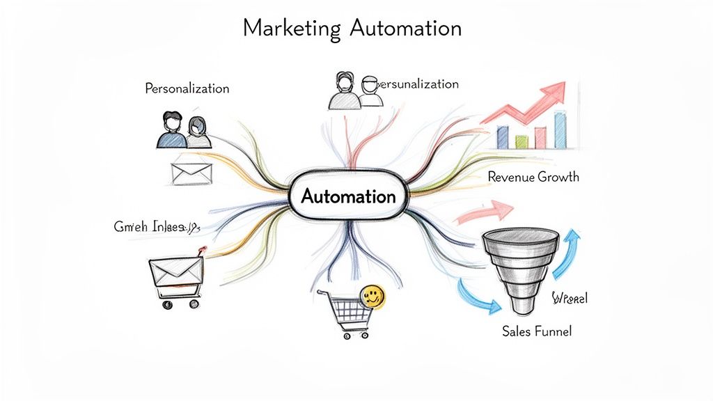 A mind map illustrating key components of marketing automation, including personalization, revenue growth, and sales funnel.