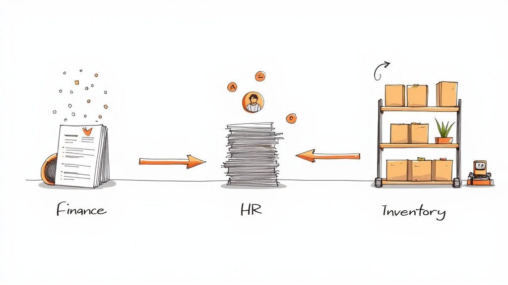 A hand-drawn illustration depicting a business workflow connecting Finance, HR, and Inventory departments with arrows and documents.