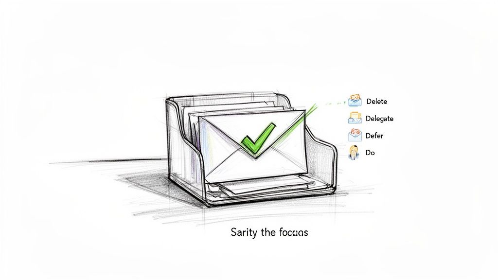 A sketch of an inbox with emails, illustrating the Delete, Delegate, Defer, Do task management method.
