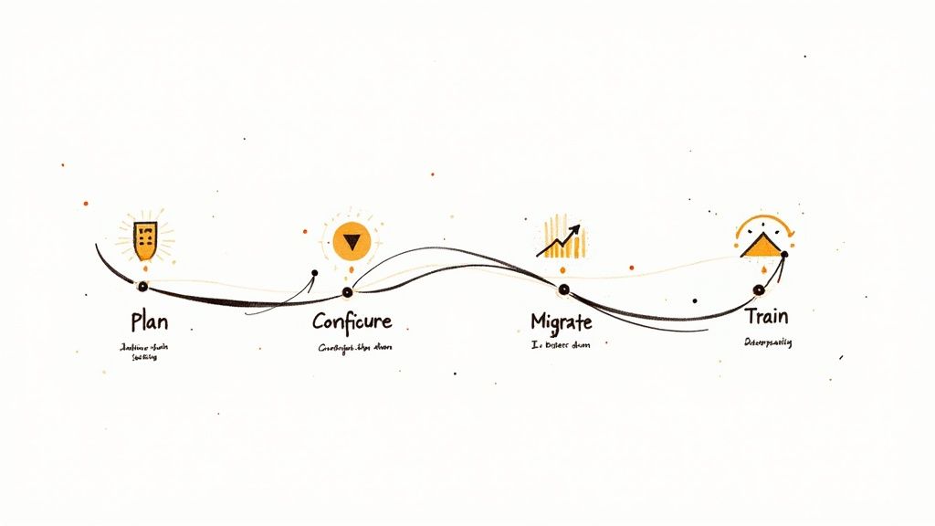 Four-stage workflow diagram showing plan, configure, migrate, and train phases with icons and connecting curved line