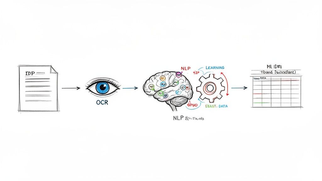 A diagram illustrating the Intelligent Document Processing (IDP) workflow, showing data transformation steps like OCR, NLP, and machine learning.