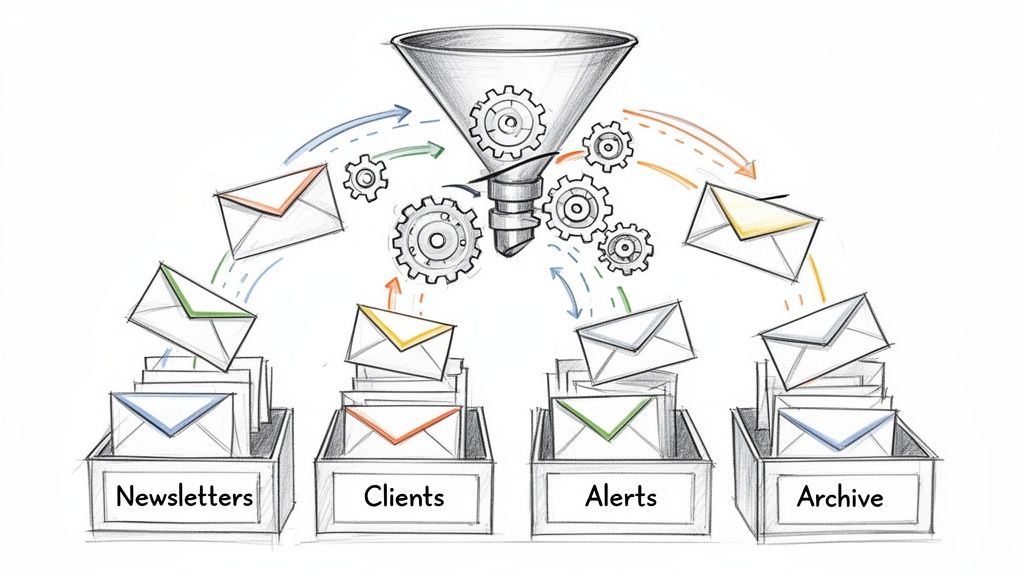 An illustration showing an email management system sorting emails into Newsletters, Clients, Alerts, and Archive.