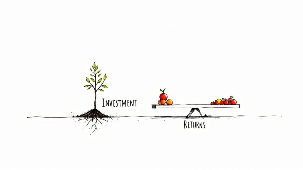 An illustration comparing a growing plant as 'INVESTMENT' to a seesaw demonstrating 'RETURNS' as a larger harvest of fruits.