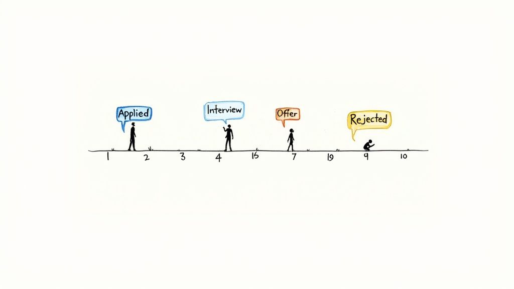 A timeline illustrating the job application process with stages: applied, interview, offer, and rejected.