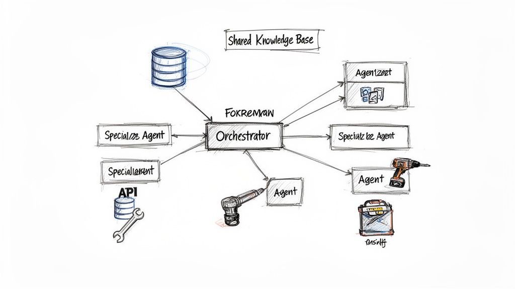 Diagram illustrating an orchestrator managing specialized agents, a shared knowledge base, and an API in a system workflow.