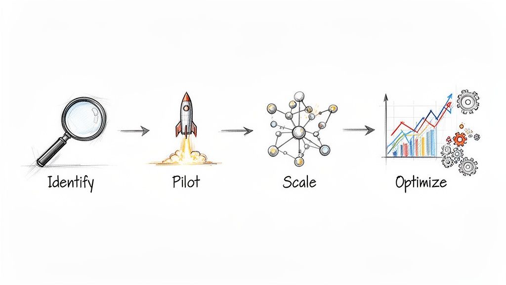 A hand-drawn diagram illustrating a four-step business process: Identify, Pilot, Scale, and Optimize.